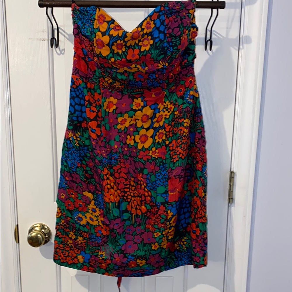 Miss Minuet 100% silk strapless dress, sz. S, floral pattern jewel tones